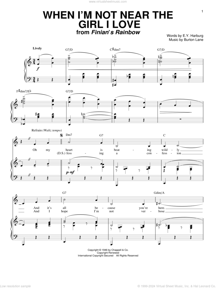 When I'm Not Near The Girl I Love sheet music for voice and piano by Percy Faith, Frank Sinatra, Burton Lane and E.Y. Harburg, intermediate skill level