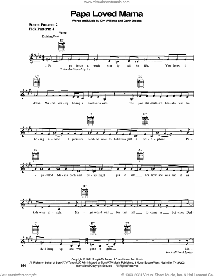 Papa Loved Mama sheet music for guitar solo (chords) by Garth Brooks and Kim Williams, classical score, easy guitar (chords)
