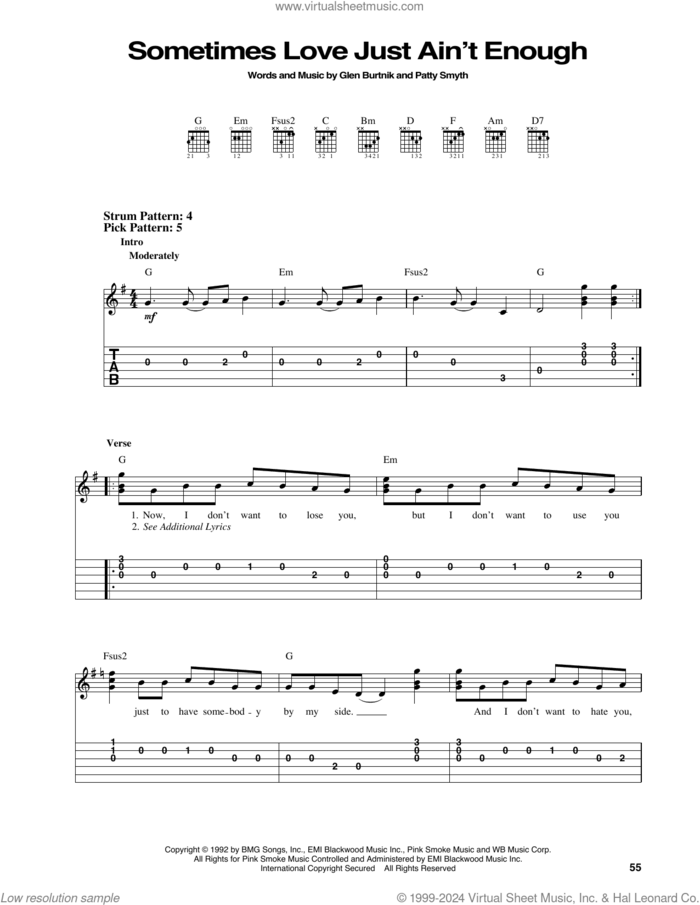 Sometimes Love Just Ain't Enough sheet music for guitar solo (easy tablature) by Patty Smyth and Glen Burtnik, easy guitar (easy tablature)