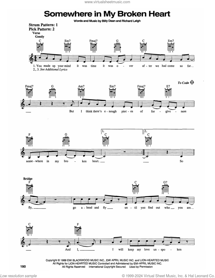 Somewhere In My Broken Heart sheet music for guitar solo (chords) by Billy Dean and Richard Leigh, easy guitar (chords)