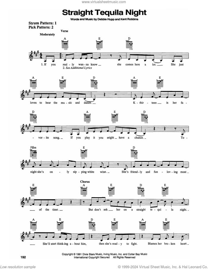 Straight Tequila Night sheet music for guitar solo (chords) by John Anderson, Debbie Hupp and Kent Robbins, easy guitar (chords)