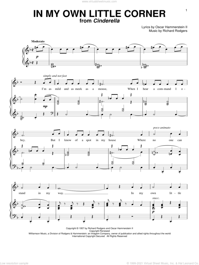 In My Own Little Corner (from Cinderella the Musical) sheet music for voice and piano by Rodgers & Hammerstein, Cinderella (Musical), Oscar II Hammerstein and Richard Rodgers, intermediate skill level