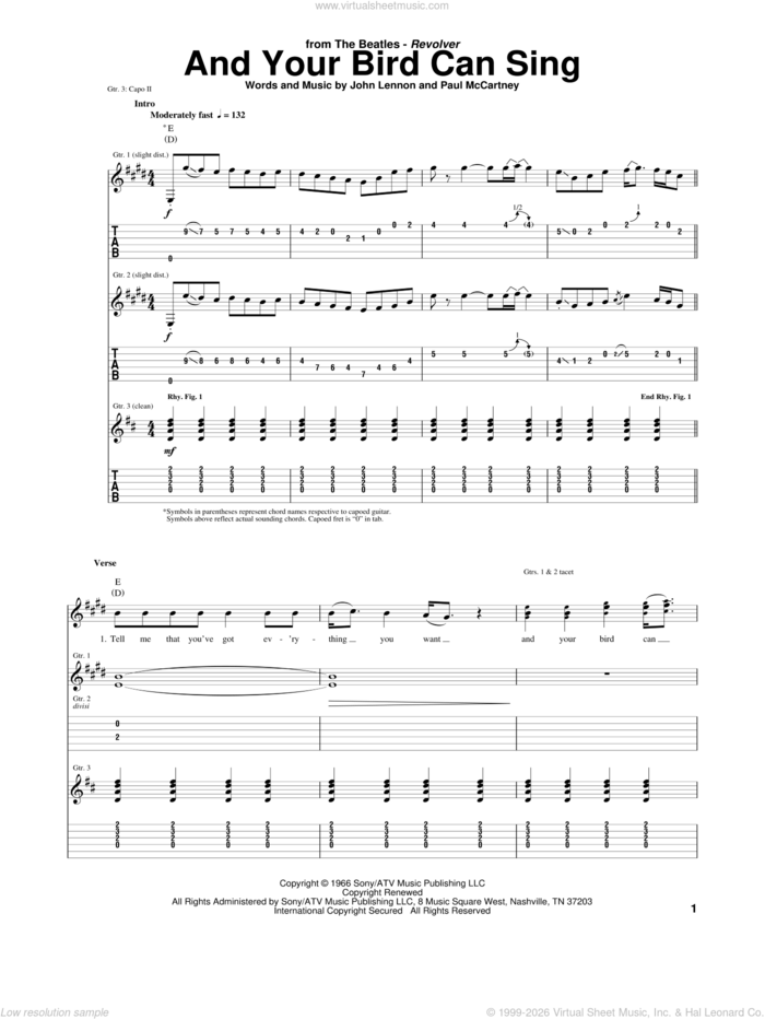 And Your Bird Can Sing sheet music for guitar (tablature) by The Beatles, John Lennon and Paul McCartney, intermediate skill level