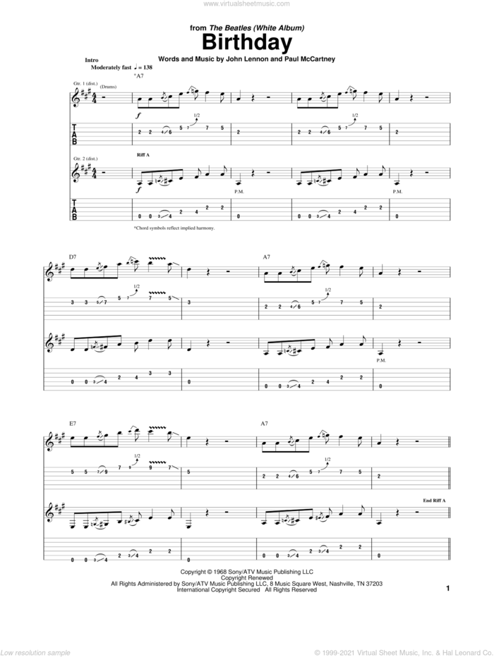 Birthday sheet music for guitar (tablature) by The Beatles, John Lennon and Paul McCartney, intermediate skill level