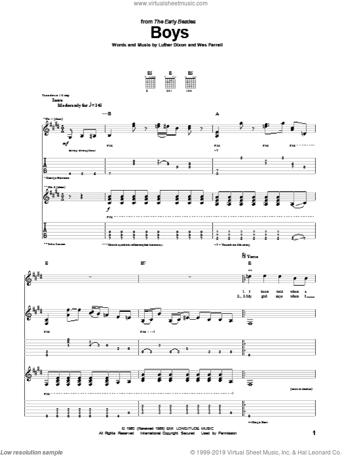Boys sheet music for guitar (tablature) by The Beatles, Luther Dixon and Wes Farrell, intermediate skill level