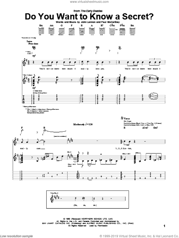 Do You Want To Know A Secret? sheet music for guitar (tablature) by The Beatles, The Shirelles, John Lennon and Paul McCartney, intermediate skill level
