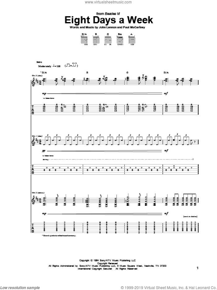 Eight Days A Week sheet music for guitar (tablature) by The Beatles, John Lennon and Paul McCartney, intermediate skill level