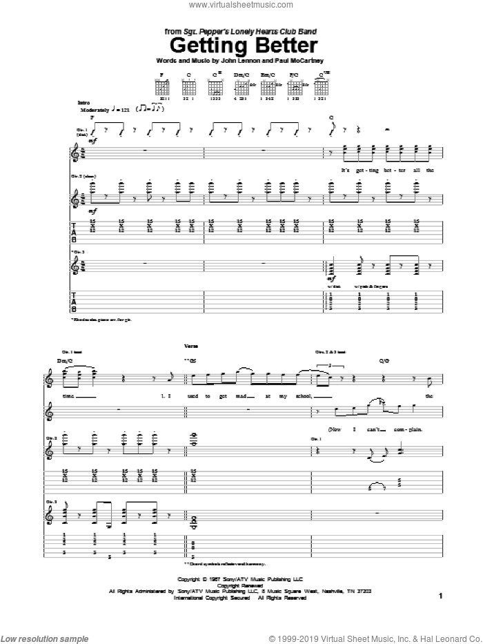 Getting Better sheet music for guitar (tablature) by The Beatles, John Lennon and Paul McCartney, intermediate skill level