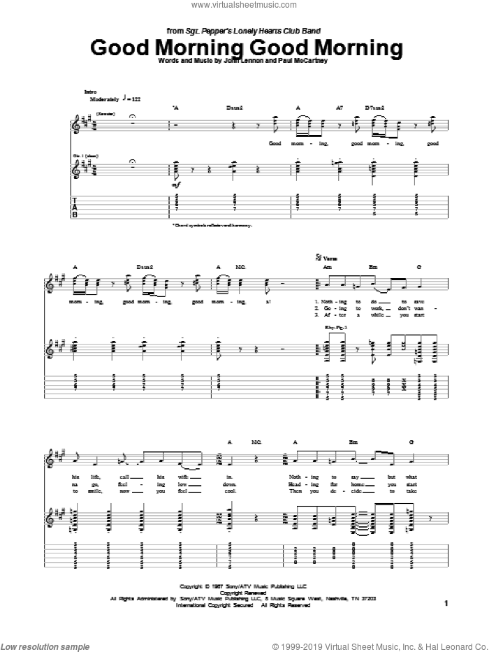 Good Morning Good Morning sheet music for guitar (tablature) by The Beatles, John Lennon and Paul McCartney, intermediate skill level