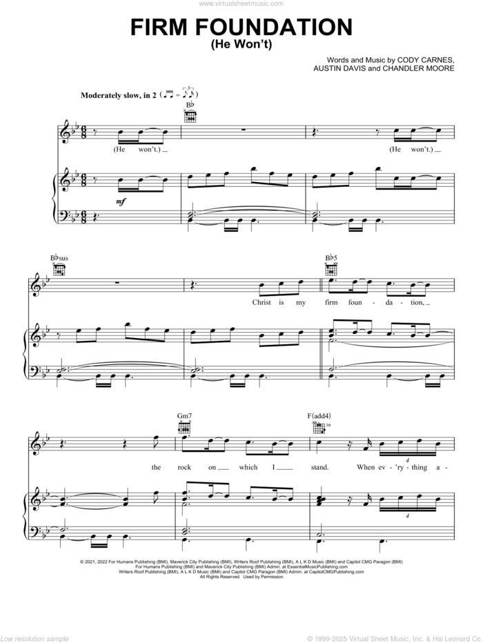 Firm Foundation (He Won't) sheet music for voice, piano or guitar by Cody Carnes, Austin Davis and Chandler Moore, intermediate skill level