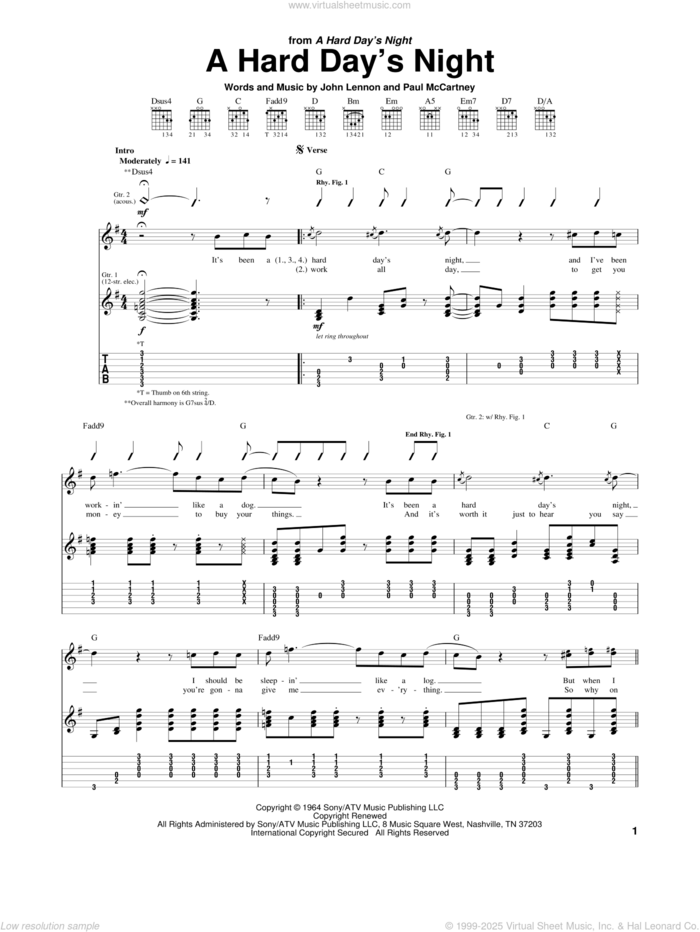 A Hard Day's Night sheet music for guitar (tablature) by The Beatles, John Lennon and Paul McCartney, intermediate skill level