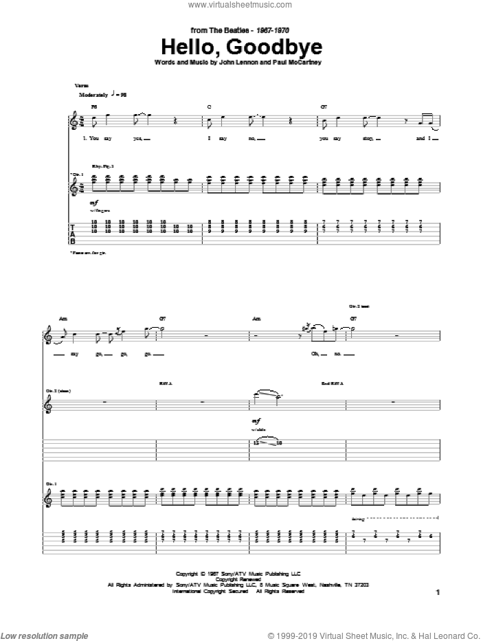 Hello, Goodbye sheet music for guitar (tablature) by The Beatles, John Lennon and Paul McCartney, intermediate skill level