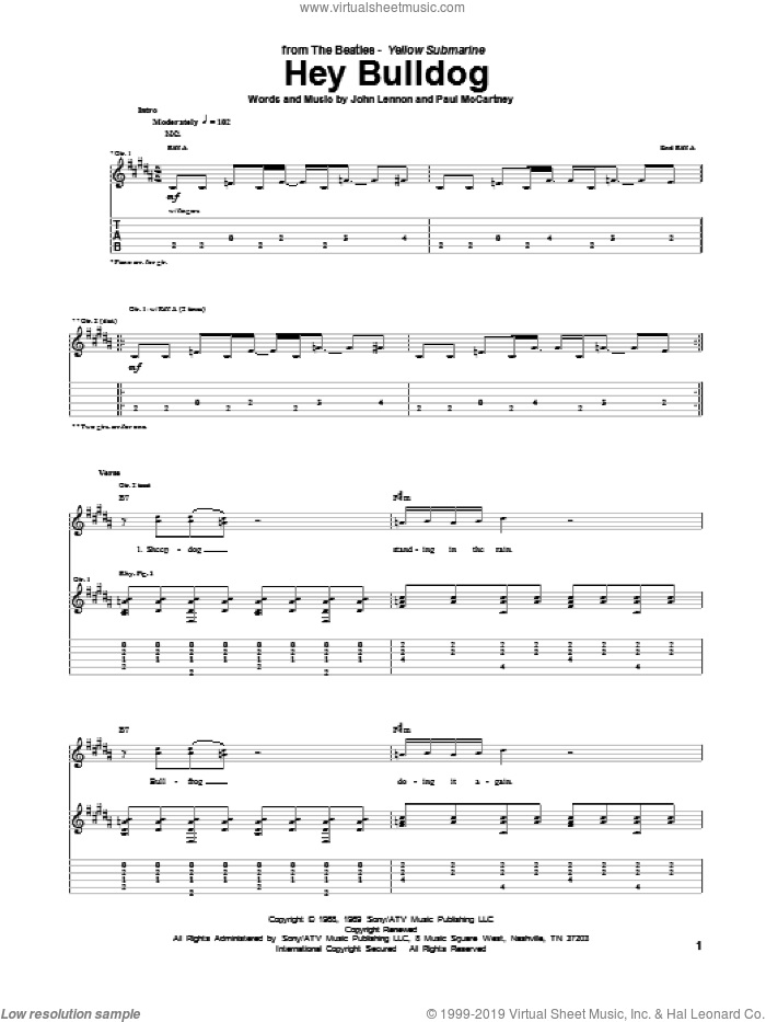 Hey Bulldog sheet music for guitar (tablature) by The Beatles, John Lennon and Paul McCartney, intermediate skill level