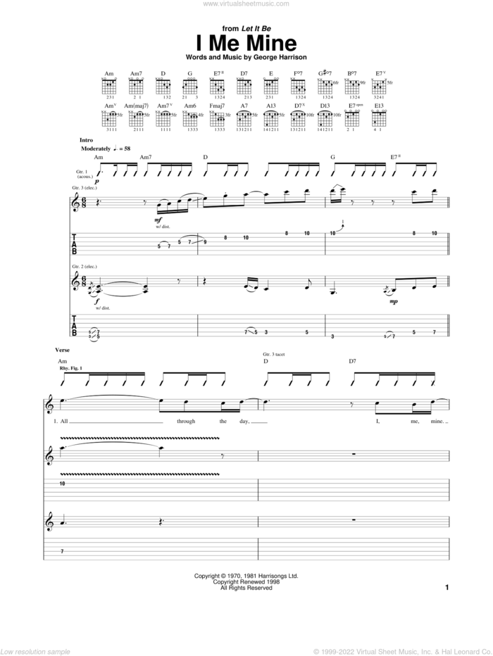 I Me Mine sheet music for guitar (tablature) by The Beatles and George Harrison, intermediate skill level