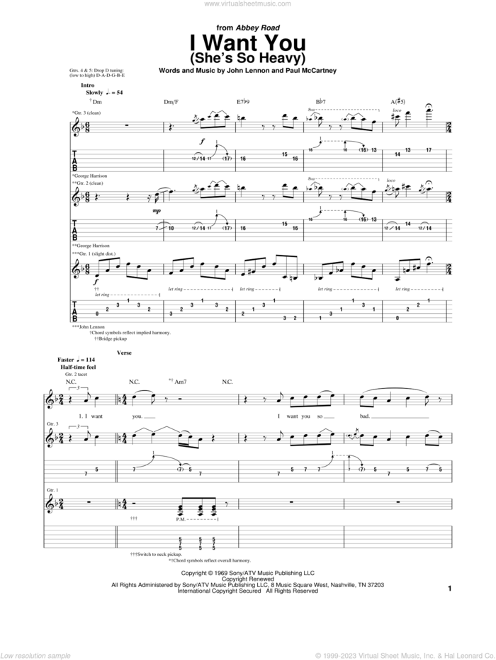 I Want You (She's So Heavy) sheet music for guitar (tablature) by The Beatles, John Lennon and Paul McCartney, intermediate skill level