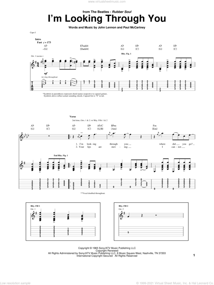 I'm Looking Through You sheet music for guitar (tablature) by The Beatles, John Lennon and Paul McCartney, intermediate skill level