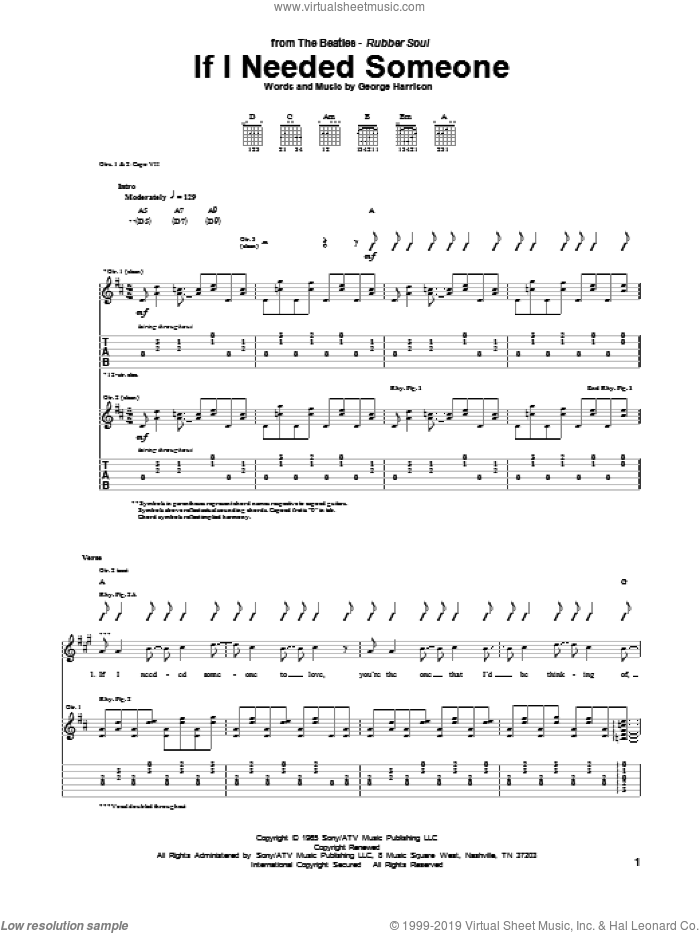 If I Needed Someone sheet music for guitar (tablature) by The Beatles and George Harrison, intermediate skill level