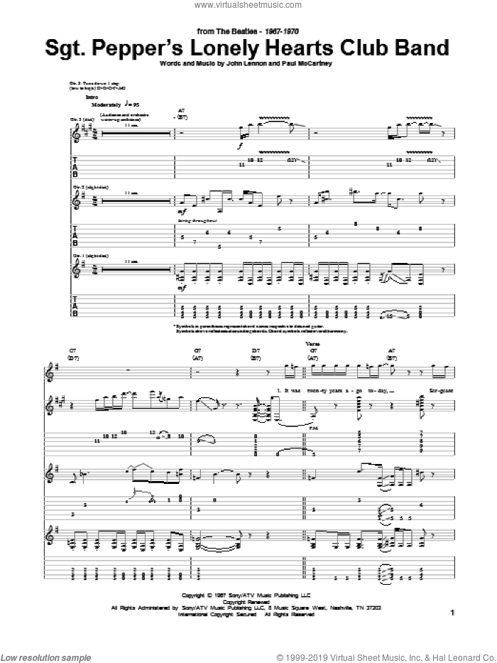 Sgt. Pepper's Lonely Hearts Club Band sheet music for guitar (tablature) by The Beatles, John Lennon and Paul McCartney, intermediate skill level