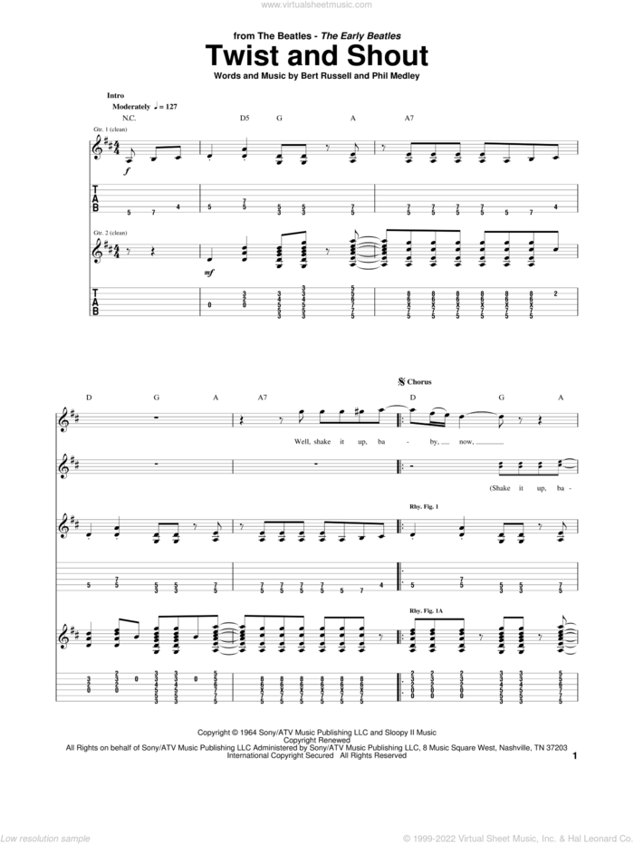 Twist And Shout sheet music for guitar (tablature) by The Beatles, The Isley Brothers, Bert Russell and Phil Medley, intermediate skill level