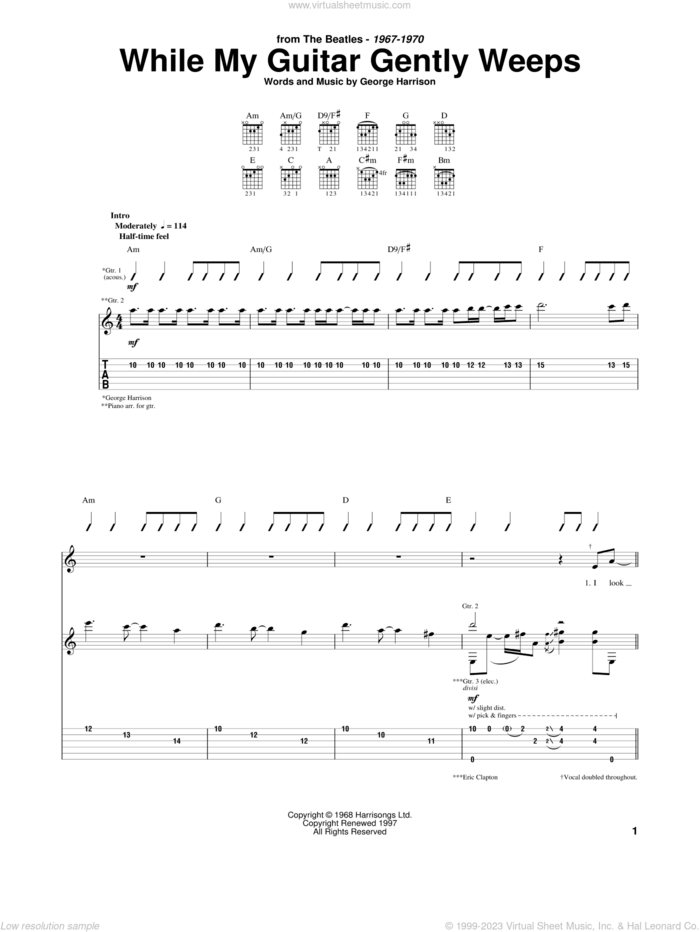 While My Guitar Gently Weeps sheet music for guitar (tablature) by The Beatles and George Harrison, intermediate skill level