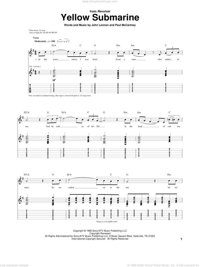Yellow Submarine sheet music for guitar (tablature) by The Beatles, John Lennon and Paul McCartney, intermediate skill level