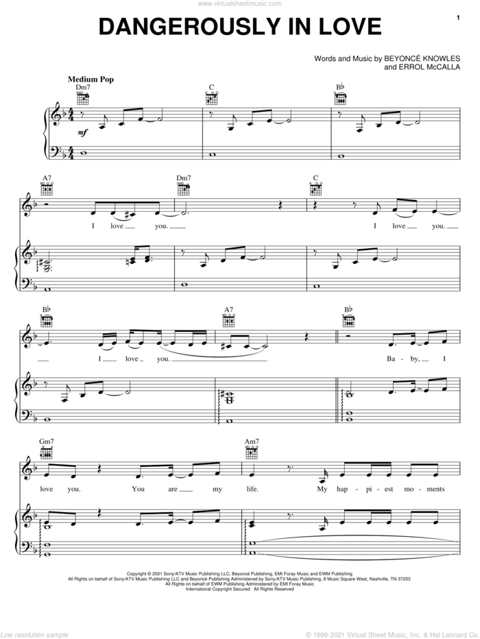 Dangerously In Love sheet music for voice, piano or guitar by Beyonce and Errol McCalla, intermediate skill level