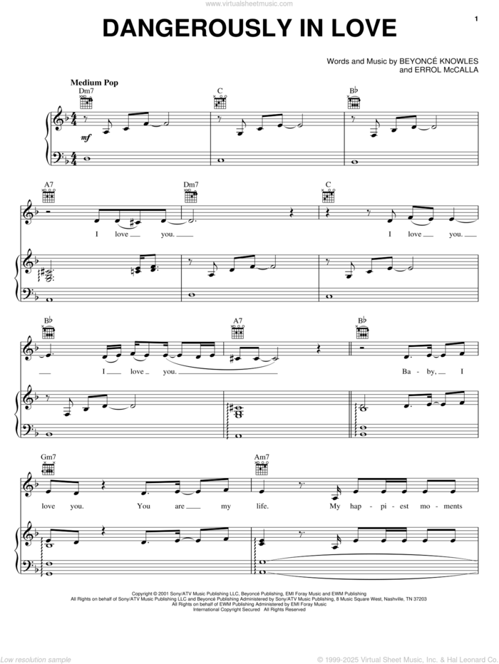 Dangerously In Love sheet music for voice, piano or guitar by Beyonce and Errol McCalla, intermediate skill level