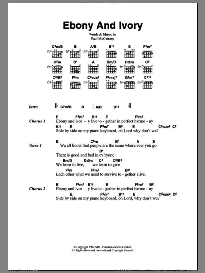 Ebony And Ivory sheet music for guitar (chords) by Paul McCartney and Stevie Wonder, Stevie Wonder and Paul McCartney, intermediate skill level
