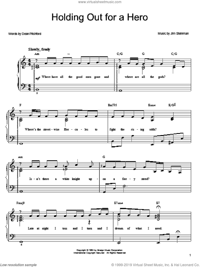 Holding Out For A Hero sheet music for piano solo by Frou Frou, Bonnie Tyler, Shrek 2 (Movie), Dean Pitchford and Jim Steinman, easy skill level