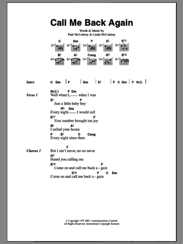 Call Me Back Again sheet music for guitar (chords) by Paul McCartney and Linda McCartney, intermediate skill level