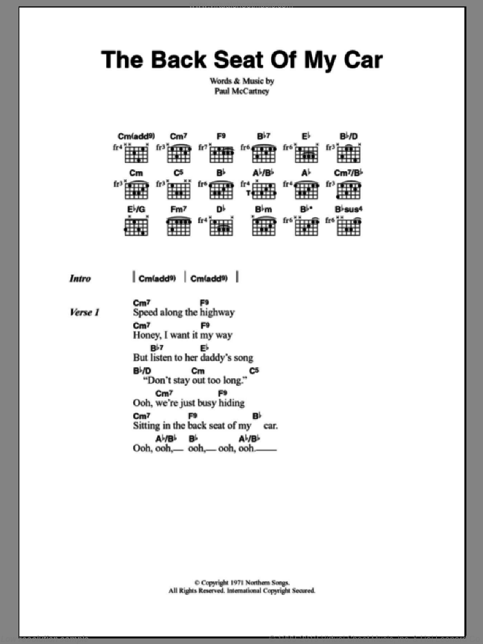 The Back Seat Of My Car sheet music for guitar (chords) by Paul McCartney, intermediate skill level