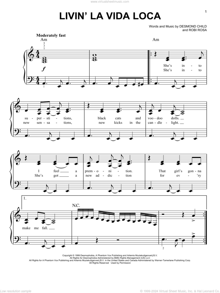 Livin' La Vida Loca sheet music for piano solo by Eddie Murphy, Ricky Martin, Shrek 2 (Movie), Desmond Child and Robi Rosa, easy skill level