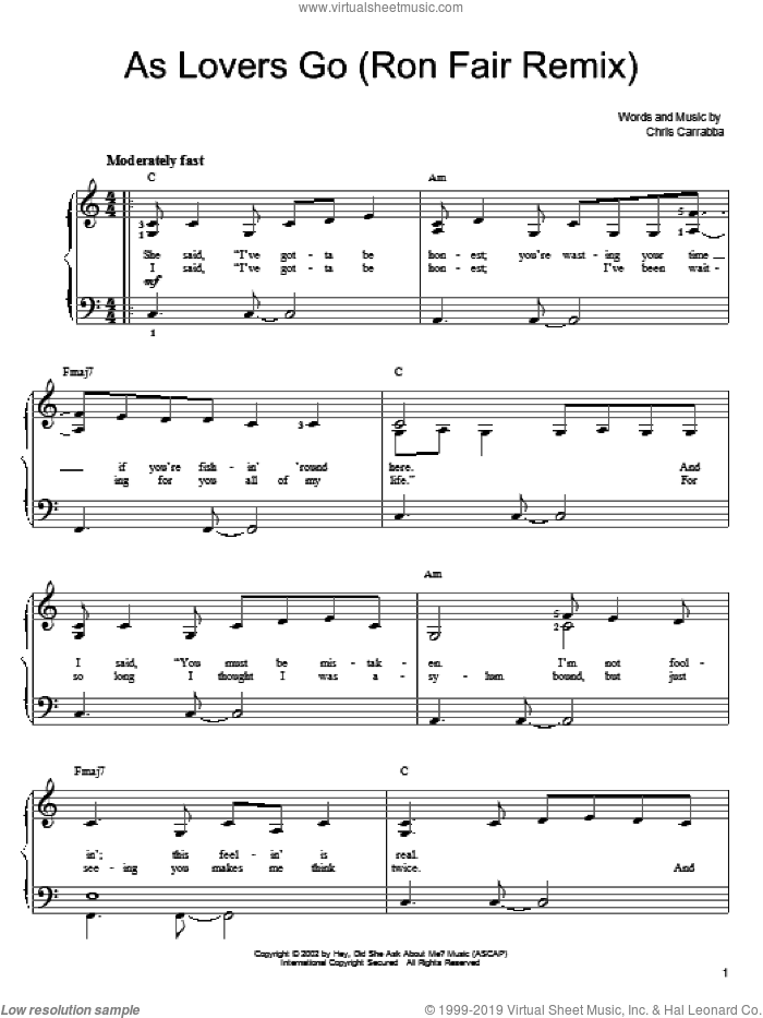 As Lovers Go sheet music for piano solo by Dashboard Confessional, Shrek 2 (Movie) and Chris Carrabba, easy skill level