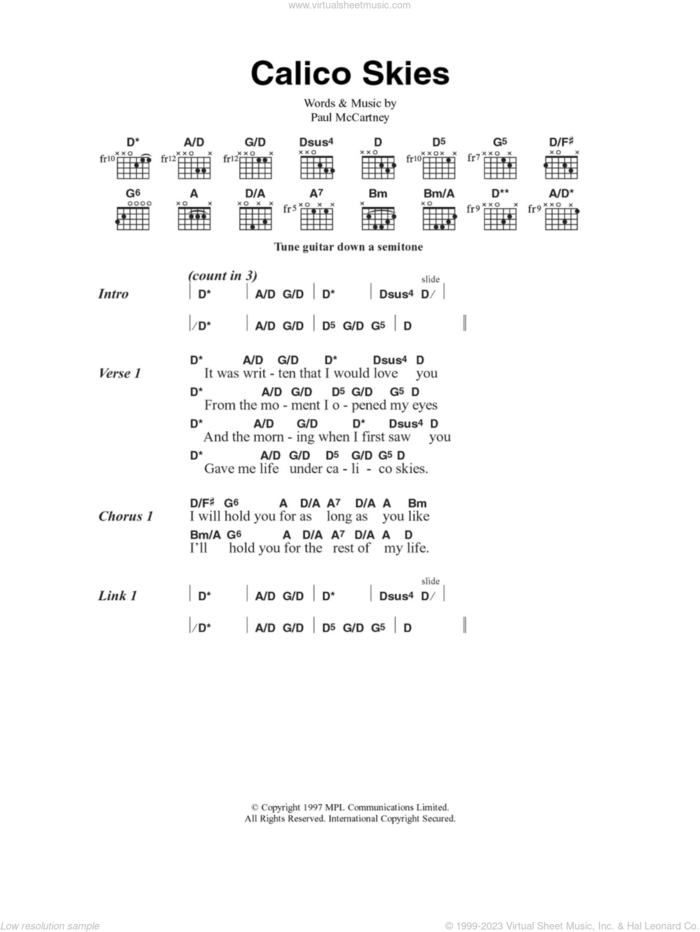 Calico Skies sheet music for guitar (chords) by Paul McCartney, intermediate skill level