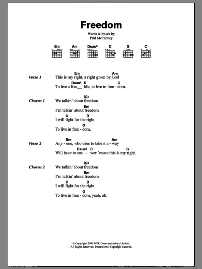 Freedom sheet music for guitar (chords) by Paul McCartney, intermediate skill level