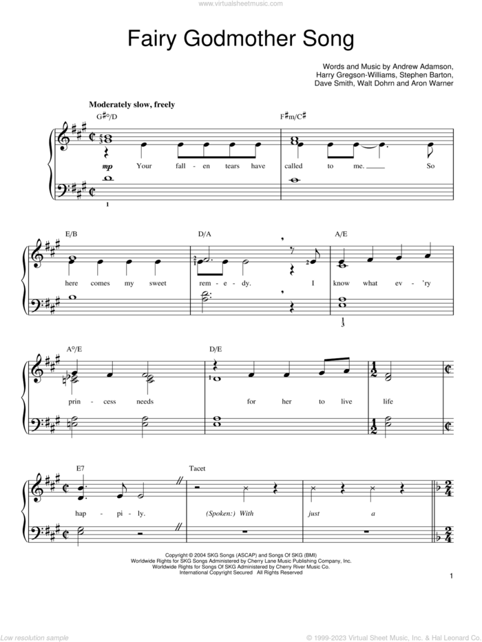 Fairy Godmother Song sheet music for piano solo by Jennifer Saunders, Shrek 2 (Movie), Andrew Adamson, Aron Warner, Dave Smith, Harry Gregson-Williams, Stephen Barton and Walt Dohrn, easy skill level