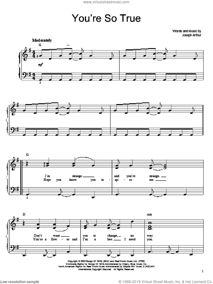 You're So True sheet music for piano solo by Joseph Arthur and Shrek 2 (Movie), easy skill level