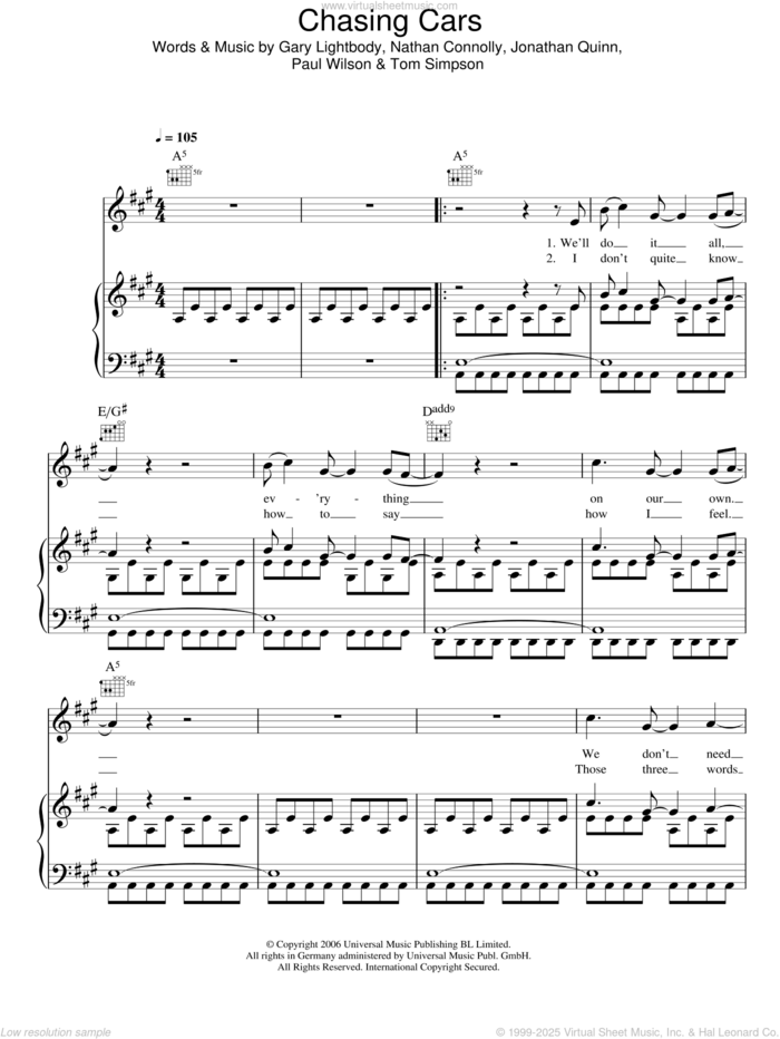 Chasing Cars sheet music for voice, piano or guitar by Snow Patrol, Gary Lightbody, Jonathan Quinn, Nathan Connolly, Paul Wilson and Tom Simpson, intermediate skill level