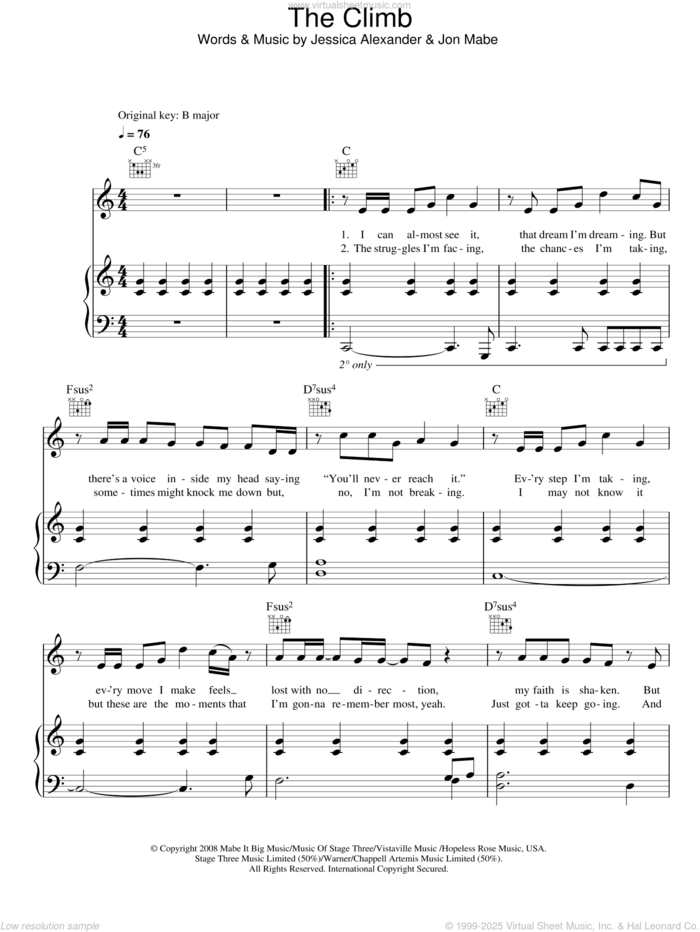 The Climb (from Hannah Montana: The Movie) sheet music for voice, piano or guitar by Joe McElderry, Miley Cyrus, Jessica Alexander and Jon Mabe, intermediate skill level