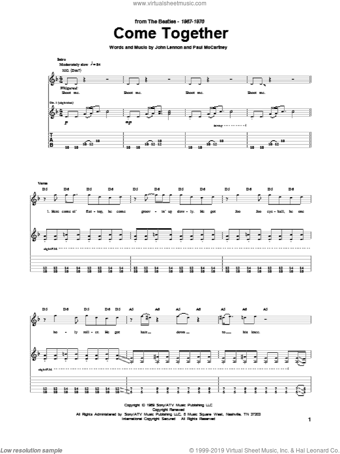Come Together sheet music for guitar (tablature) by The Beatles, John Lennon and Paul McCartney, intermediate skill level