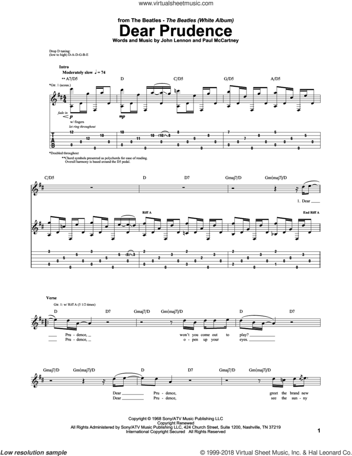 Dear Prudence sheet music for guitar (tablature) by The Beatles, John Lennon and Paul McCartney, intermediate skill level
