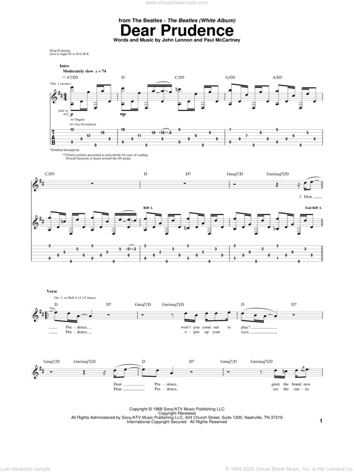 Dear Prudence sheet music for guitar (tablature) by The Beatles, John Lennon and Paul McCartney, intermediate skill level