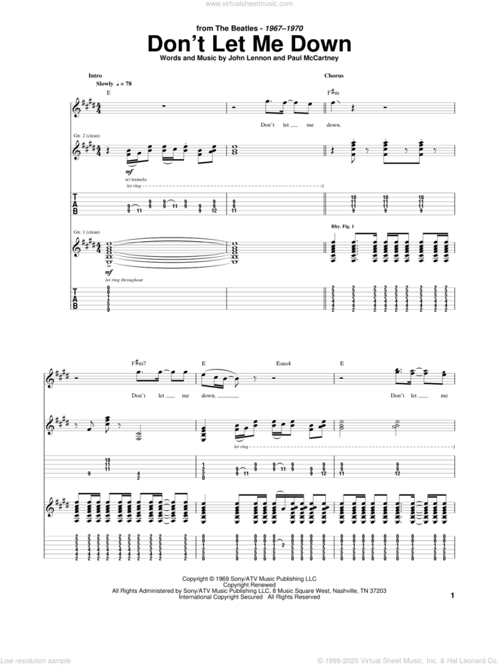 Don't Let Me Down sheet music for guitar (tablature) by The Beatles, John Lennon and Paul McCartney, intermediate skill level