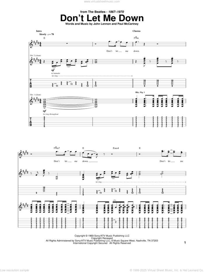 Don't Let Me Down sheet music for guitar (tablature) by The Beatles, John Lennon and Paul McCartney, intermediate skill level