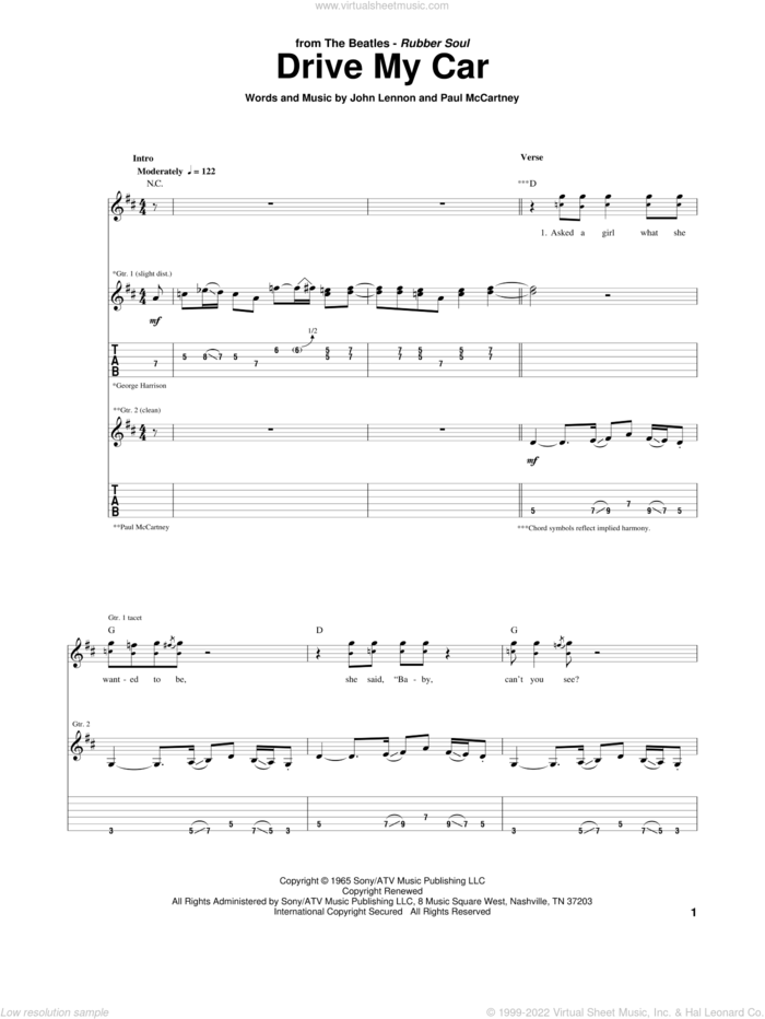 Drive My Car sheet music for guitar (tablature) by The Beatles, John Lennon and Paul McCartney, intermediate skill level