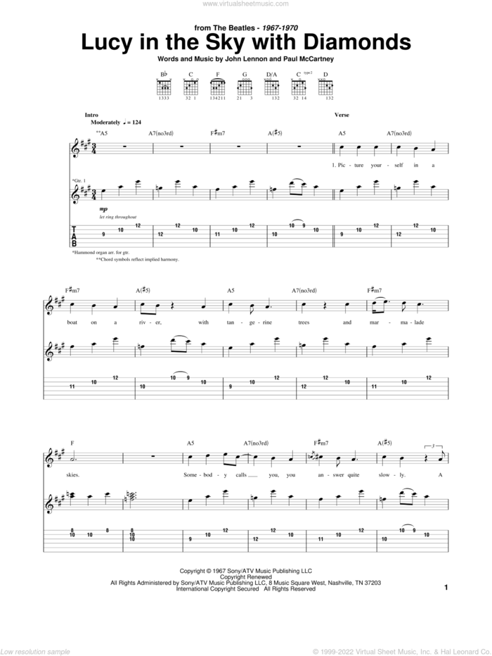 Lucy In The Sky With Diamonds sheet music for guitar (tablature) by The Beatles, John Lennon and Paul McCartney, intermediate skill level