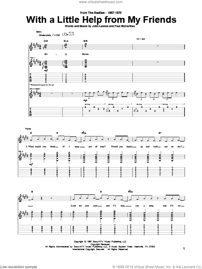 With A Little Help From My Friends sheet music for guitar (tablature) by The Beatles, Joe Cocker, John Lennon and Paul McCartney, intermediate skill level