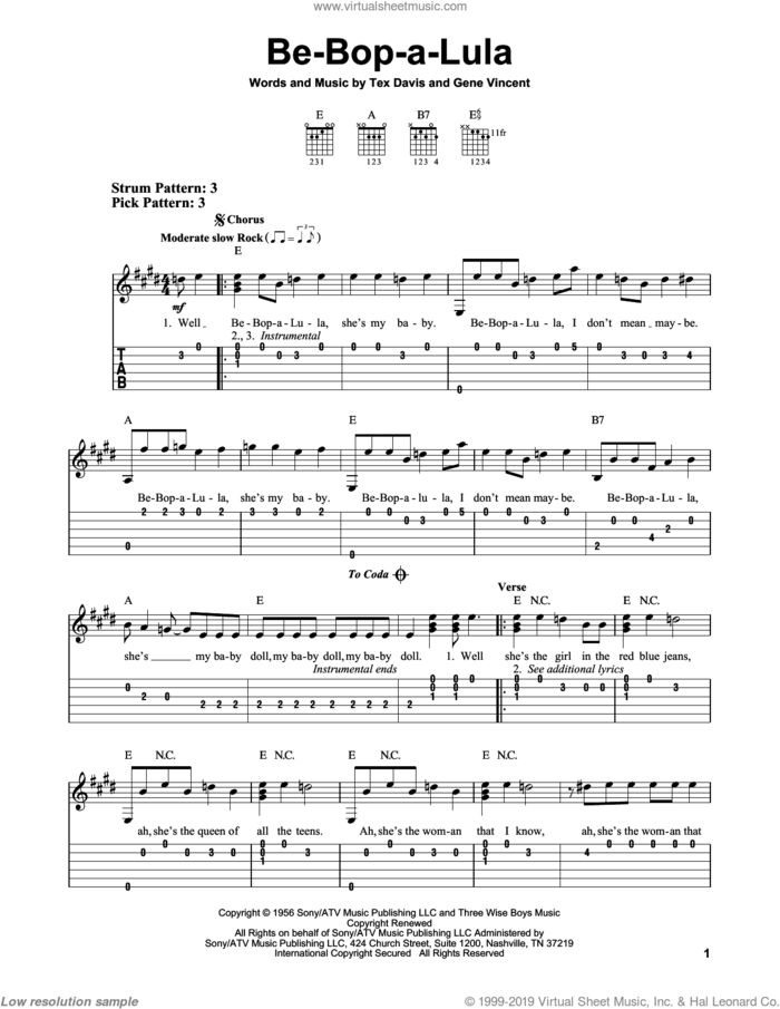 Be-Bop-A-Lula sheet music for guitar solo (easy tablature) by Gene Vincent and Tex Davis, easy guitar (easy tablature)