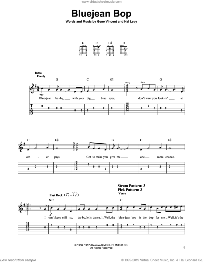 Bluejean Bop sheet music for guitar solo (easy tablature) by Gene Vincent and Hal Levy, easy guitar (easy tablature)