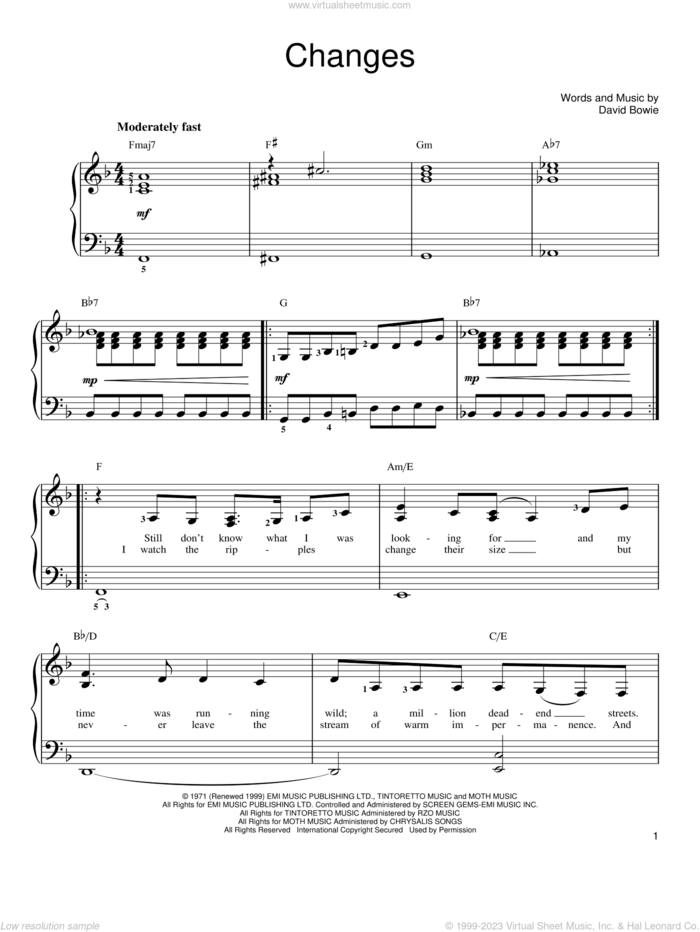 Changes, (easy) sheet music for piano solo by David Bowie, Butterfly Boucher and Shrek 2 (Movie), easy skill level